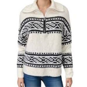 Joie Womens Cream Black Aztec Pattern Partial Zip Chunky Sweater Size Small